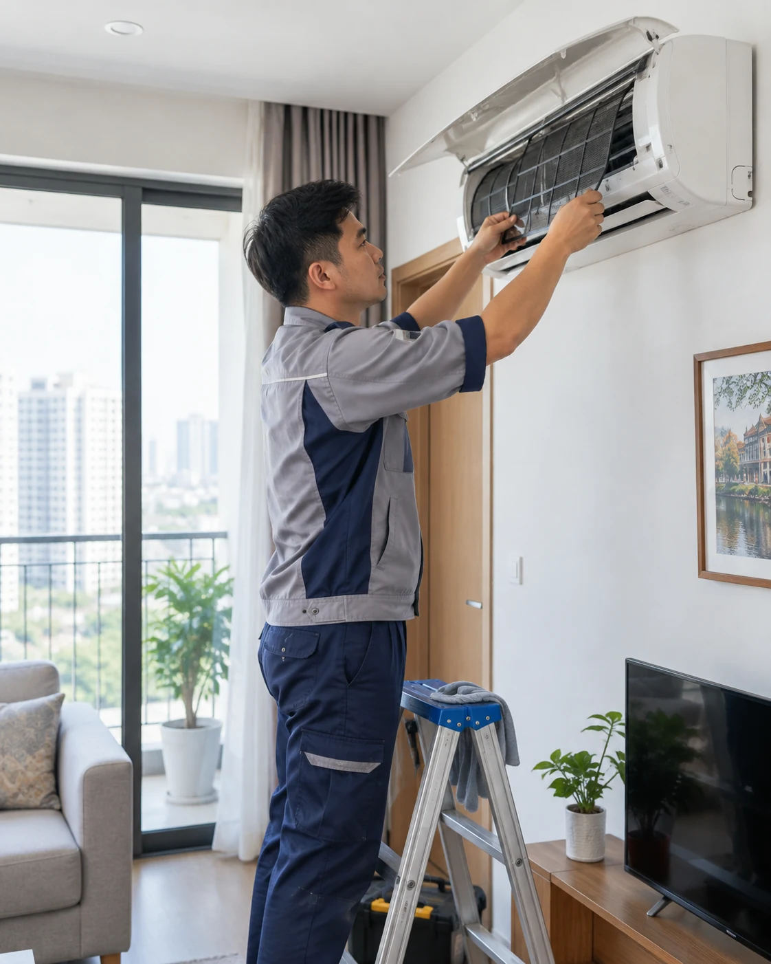 Kỹ thuật viên tháo lắp và vệ sinh máy lạnh tại nhà khách hàng